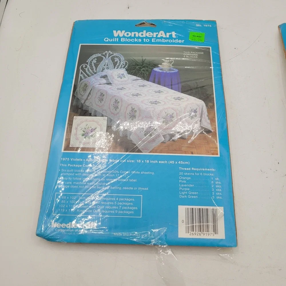 X2 WonderArt Quilt Blocks To Embroider #1975 Violets- 6‎ Stamped 18
